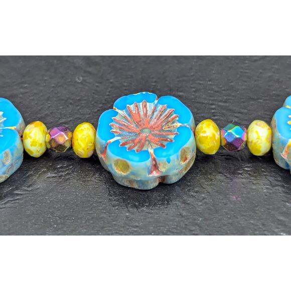 Pieces of Lena Handmade Bracelet, Blue Hibiscus Flower Beads, Hook Clasp - Picture 3 of 5